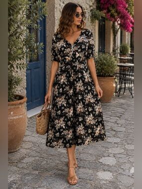 BROVAVE Black Floral Boho Midi Dress SZ L Cottagecore Romantic